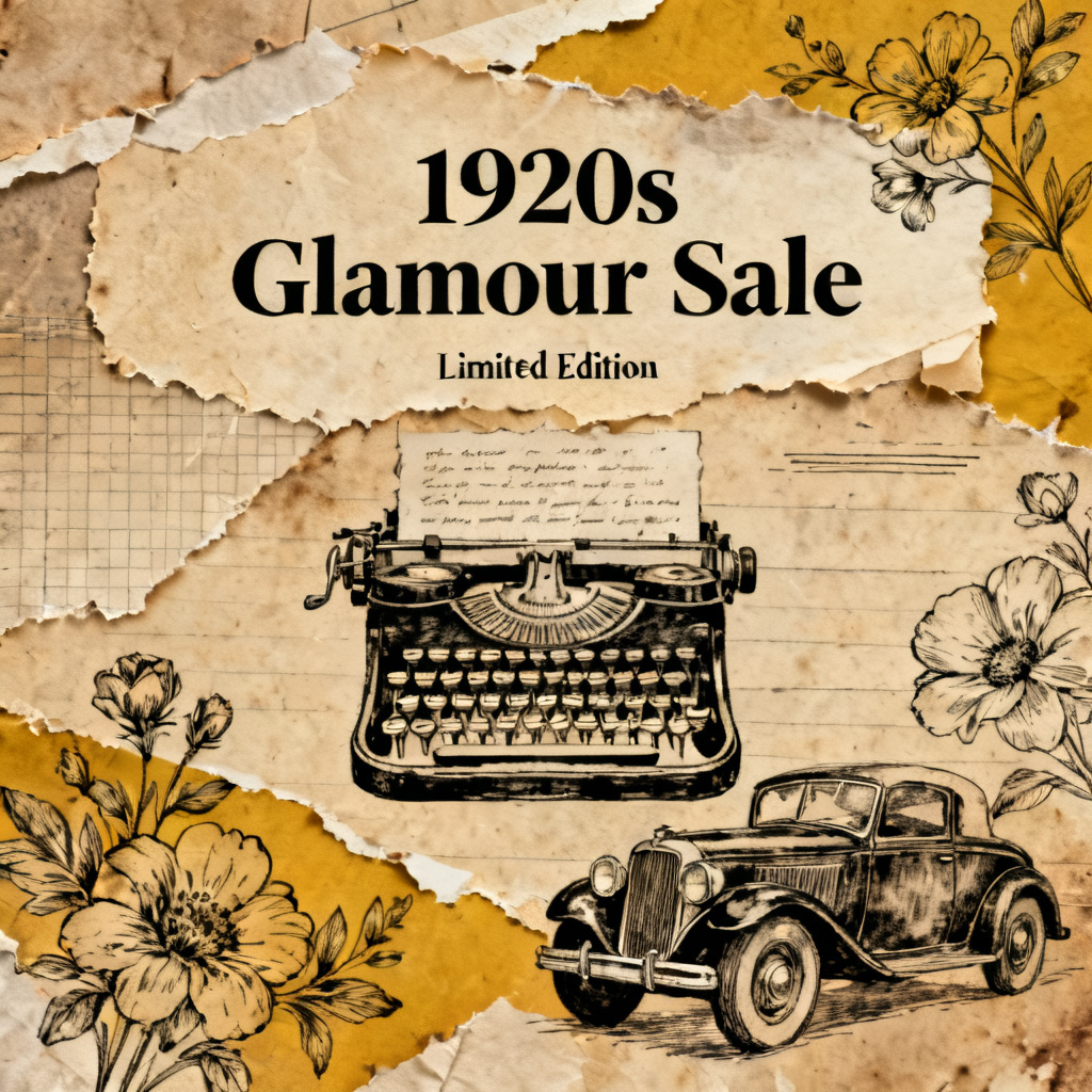A vintage collage-style composition with torn paper edges, hand-drawn illustrations, and typewriter font, evoking a nostalgic 1920s advertisement, 4K resolution.