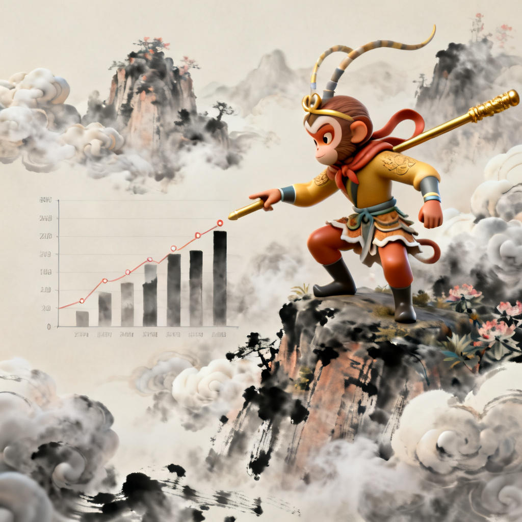3D西游记风PPT页面,孙悟空手持金箍棒指向数据图表,背景是云雾缭绕的花果山,融合水墨与3D渲染风格