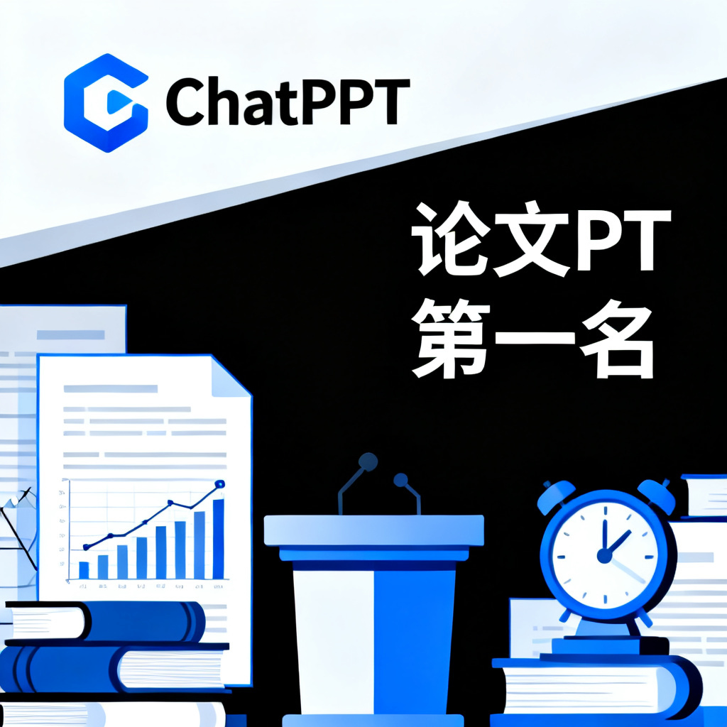 ChatPPT的logo与“论文PPT第一名”的文字组合，背景是学术元素如论文、图表、答辩台，整体设计专业且庄重