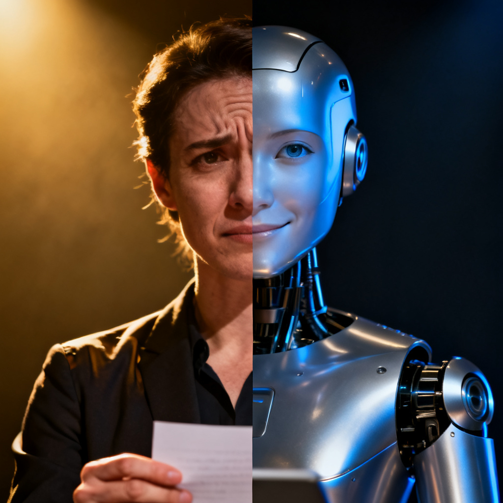 A split screen showing a stressed presenter on left and a confident AI presenter on right, contrast, dramatic lighting, photorealistic