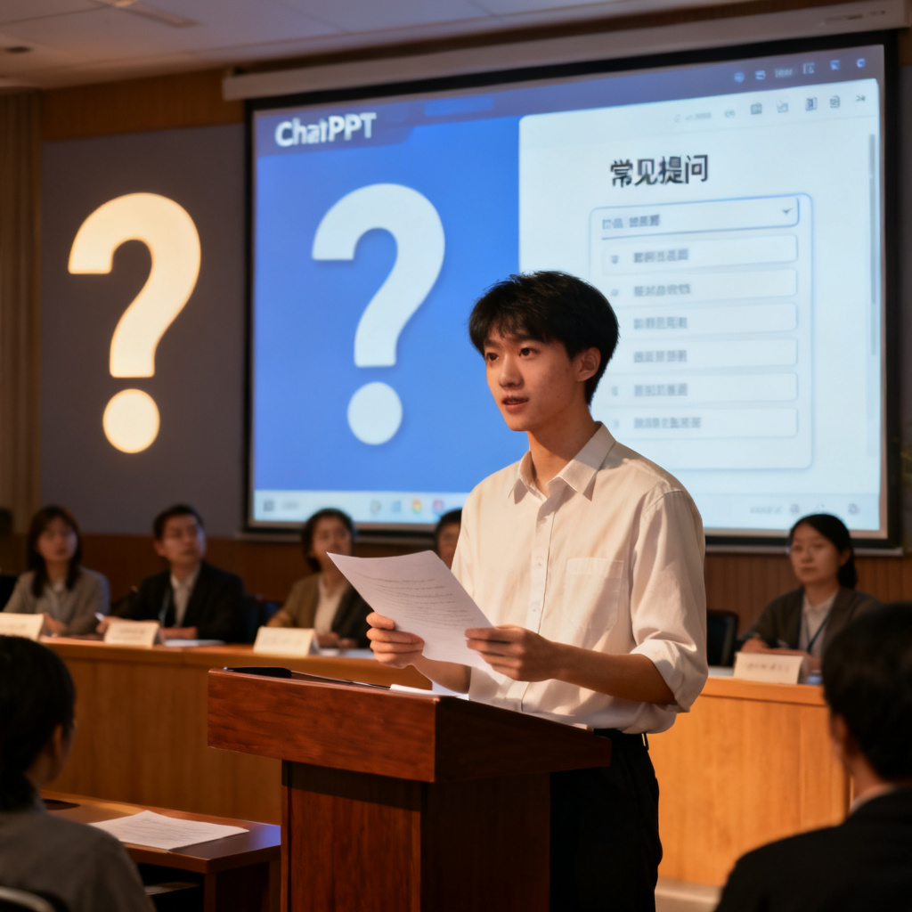 模拟答辩场景，学生手持逐字稿，评委席背景有问号，ChatPPT界面显示‘常见提问’面板