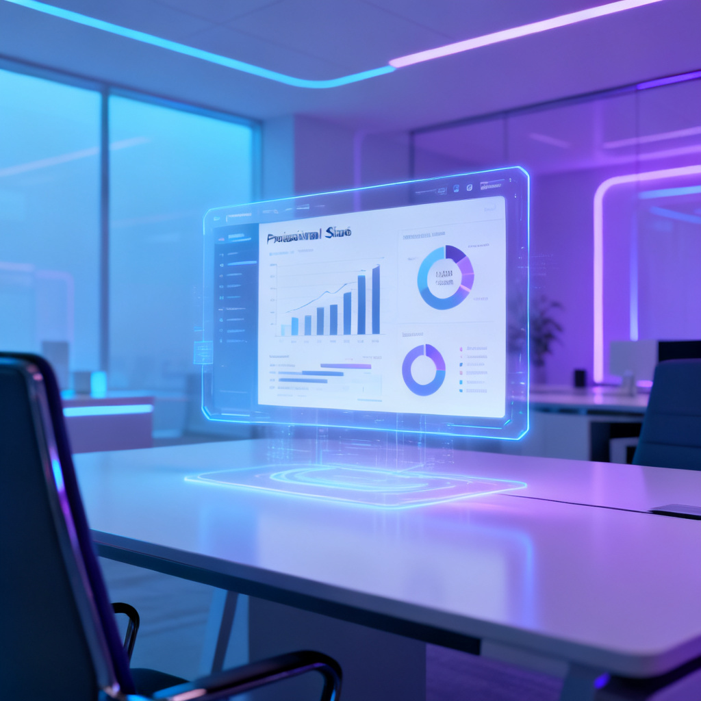 A futuristic office scene in 2026, a sleek holographic interface floating above a desk, automatically generating a professional presentation slide with charts and diagrams, soft blue and purple ambient lighting, ultra-modern minimalist workspace, high-end technology aesthetic, 8k resolution, cinematic composition