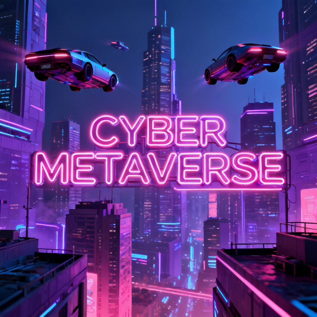 一个赛博朋克风格的未来城市路演PPT封面，霓虹灯管文字“CYBER METAVERSE”，背景有飞行的悬浮汽车和高楼大厦，整体色调为紫蓝与粉色，细节丰富，光影真实。