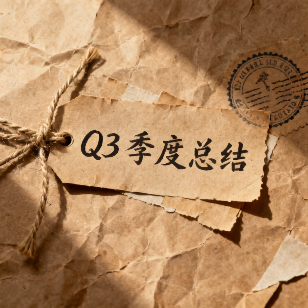 牛皮纸贴画风格的季度总结PPT内页,采用真实牛皮纸纹理,搭配邮票、麻绳、手写体标签,复古欧式排版,侧光摄影效果,强烈的材质感