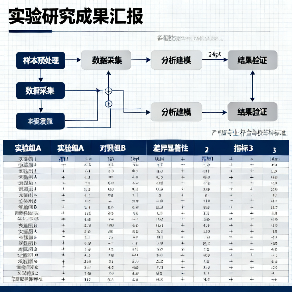 ChatPPT生成的学术幻灯片示例,包含复杂的实验流程图和多维数据对比表,排版清晰,色调严谨,符合高校答辩标准。