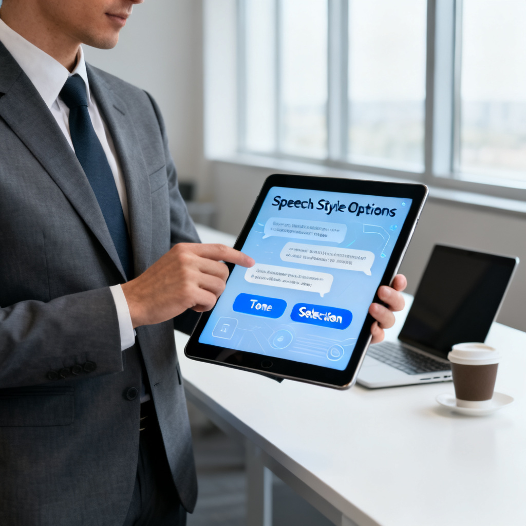 A professional presenter using a tablet with AI-generated speech notes displayed, modern office setting, digital interface showing 'Speech Style Options' and 'Tone Selection' buttons