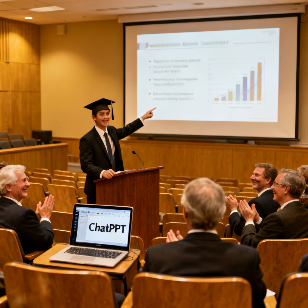 A scene showing a graduate student successfully defending their thesis in a university lecture hall. The student is pointing at a projector screen displaying a clean, academic PPT slide. The audience (professors and committee members) are nodding approvingly. A laptop on the podium shows the ChatPPT interface.