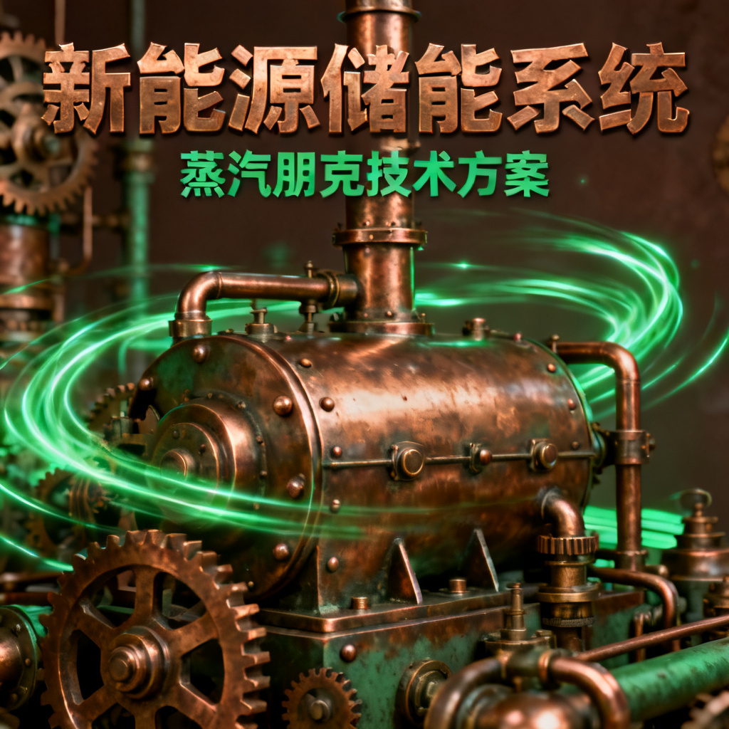 蒸汽朋克风格新能源储能系统路演PPT,铜色机械结构与绿色能源光效
