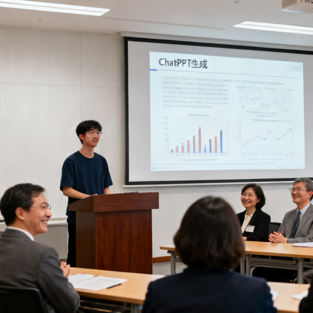 答辩现场，学生自信地站在讲台上，大屏幕显示由ChatPPT生成的论文PPT，页面清晰展示实验数据与图表，台下评委微笑点头