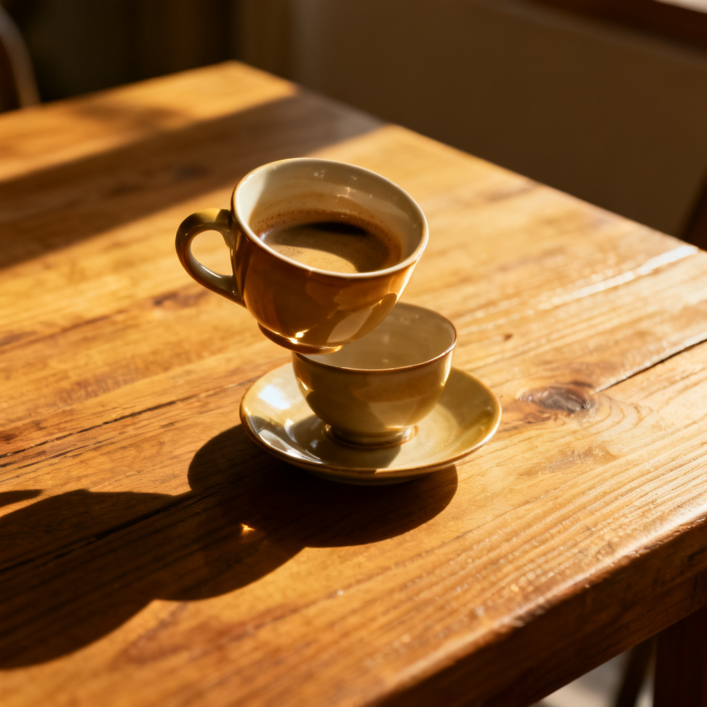 A detailed close-up of a coffee cup being placed on a wooden table, replacing a previously existing tea cup, with the same lighting and shadow effects, style: photorealistic with soft natural light