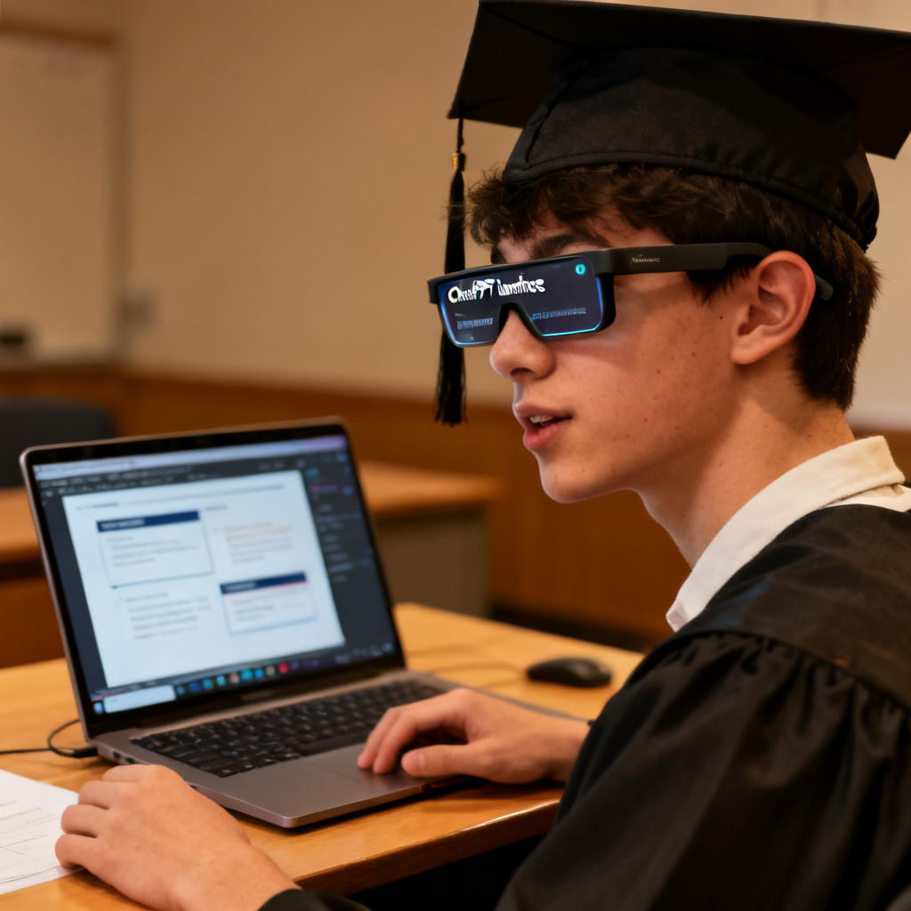 A student practicing a graduation defense with a laptop and smart glasses, the glasses display a teleprompter with ChatPPT interface, warm lighting, realistic style