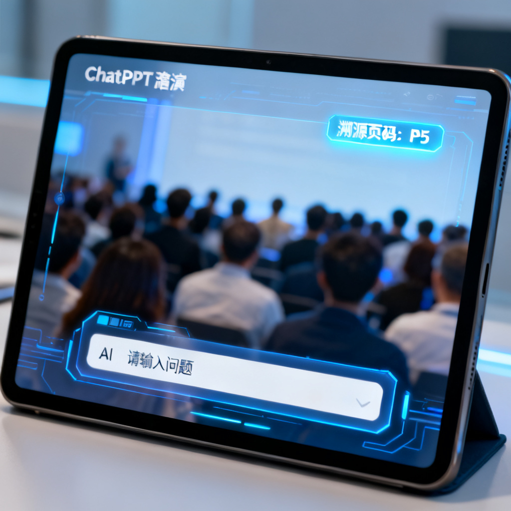 平板电脑显示ChatPPT路演页面，底部有AI问答输入框，答案中高亮标出溯源页码，背景模糊的听众，界面清晰，科技感