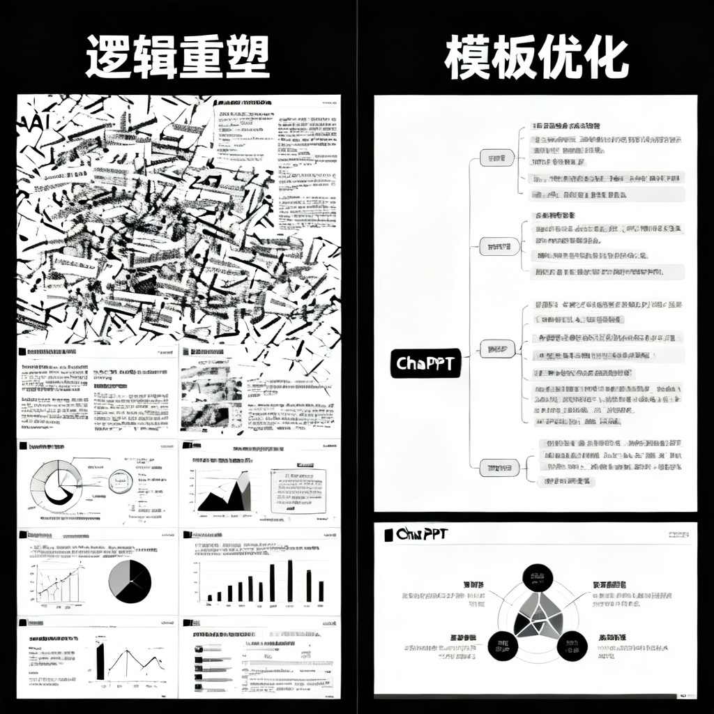 一张学术论文PPT的对比图，左侧显示普通AI生成的逻辑混乱的幻灯片，右侧显示ChatPPT生成的逻辑清晰、排版严谨的幻灯片，标注‘逻辑重塑’与‘模板优化’