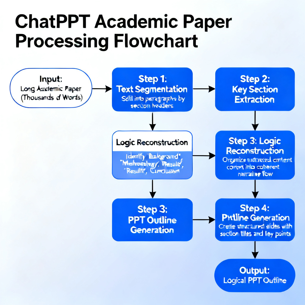 A flowchart showing ChatPPT processing a long academic paper with thousands of words, automatically extracting key sections (background, methodology, results, conclusion) and generating a logical PPT outline. The flowchart should highlight the transition from raw text to structured slides, with arrows indicating the process of “logic reconstruction” rather than “mechanical deletion”.