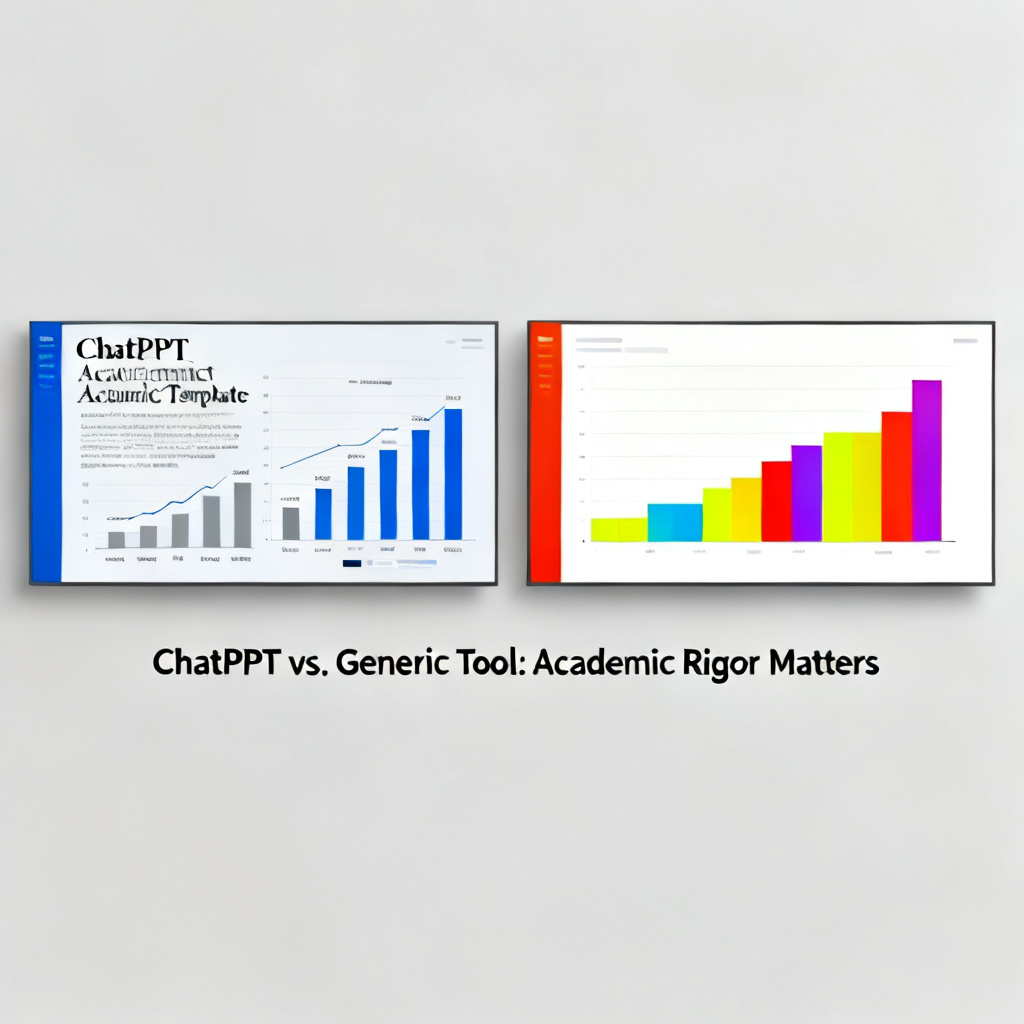 Side-by-side comparison of two slide layouts from the same academic paper. Left side: ChatPPT's academic template with serif fonts, blue-gray color scheme, and precise data labels on charts. Right side: Generic AI tool's business-style template with sans-serif fonts, bright colors, and missing axis labels. A caption reads "ChatPPT vs. Generic Tool: Academic Rigor Matters."