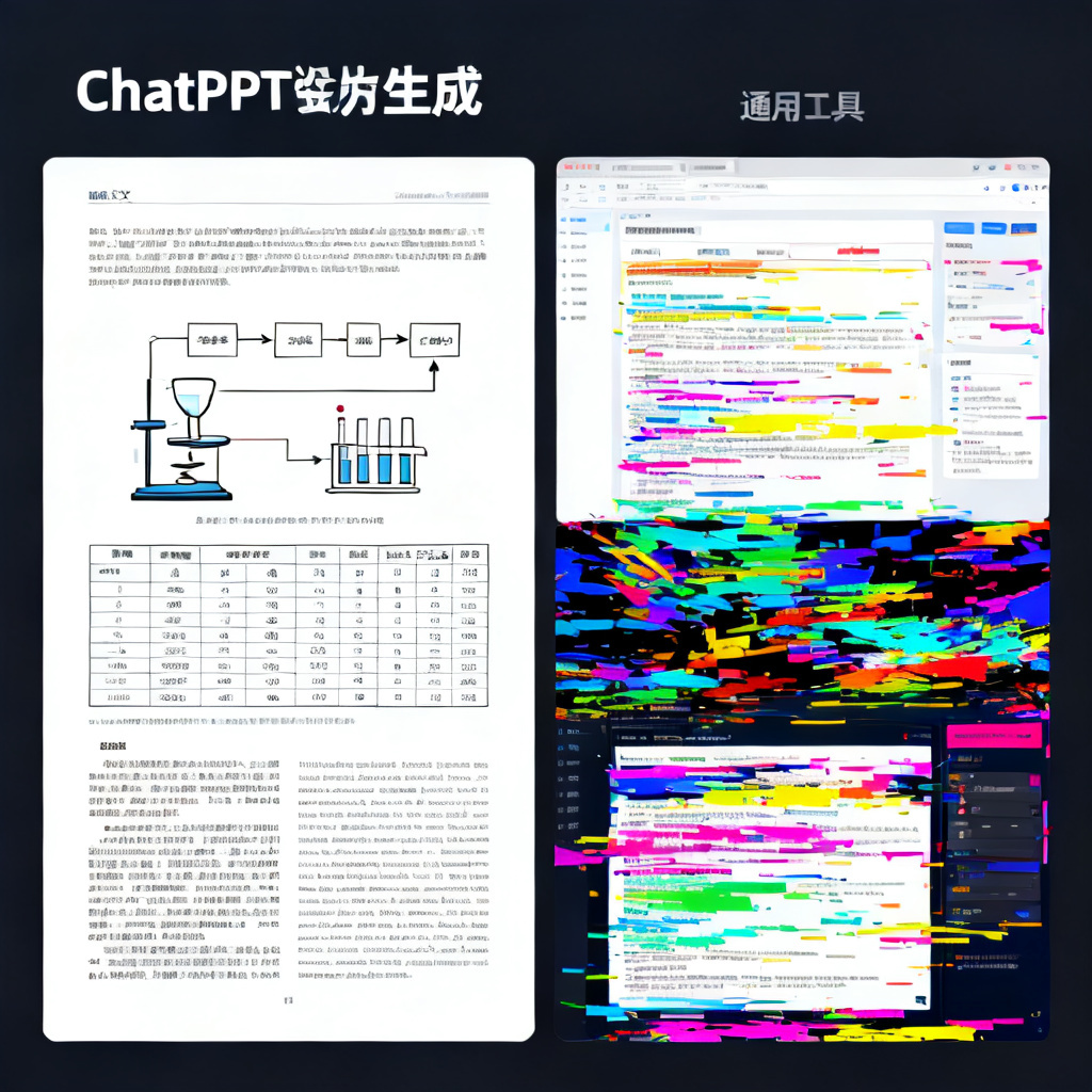 一张对比图,左侧显示ChatPPT生成的学术论文PPT页面,内容包含清晰的实验流程图与数据表格,排版严谨;右侧显示通用工具生成的页面,布局杂乱、色彩跳跃,显示风格错配。