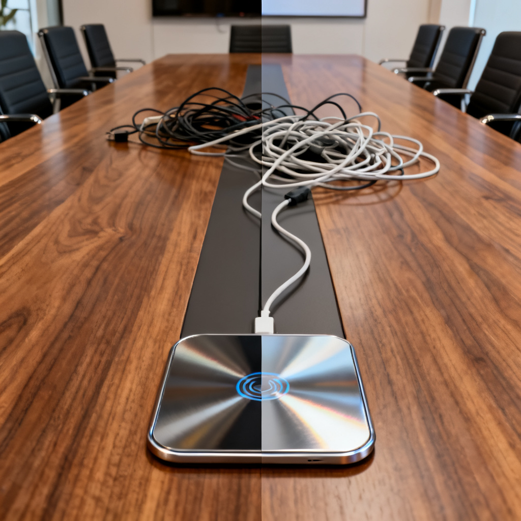 Magic paint technology demonstration, conference room desk with wireless charging pad replacing messy cables, realistic metal reflection, wooden texture continuity, high precision inpainting, split view before and after