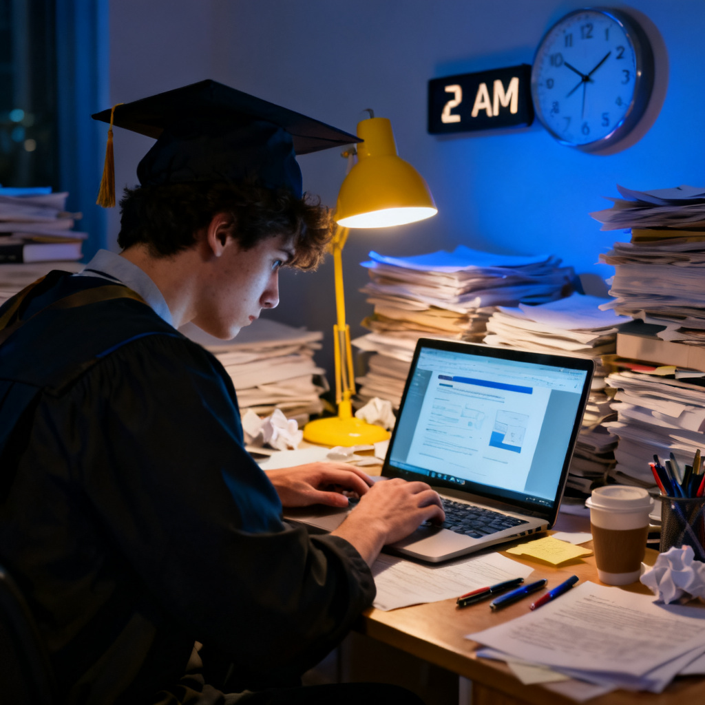 A stressed graduate student sitting at a messy desk late at night, surrounded by stacks of papers and a laptop showing a partially completed presentation, with a clock showing 2 AM, realistic style