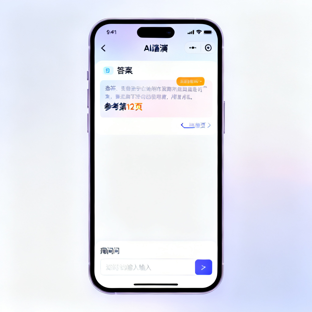 一个手机屏幕显示AI路演页面，底部有提问输入框，上方显示答案，答案中高亮显示“参考第12页”，并有一个链接指向该页，风格为移动端UI设计，色彩柔和。