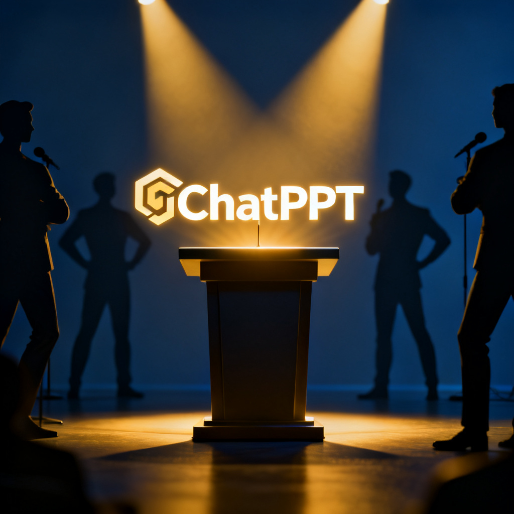 A podium with a glowing 'ChatPPT' logo, surrounded by silhouettes of confident speakers, symbolizing mastery of presentation.