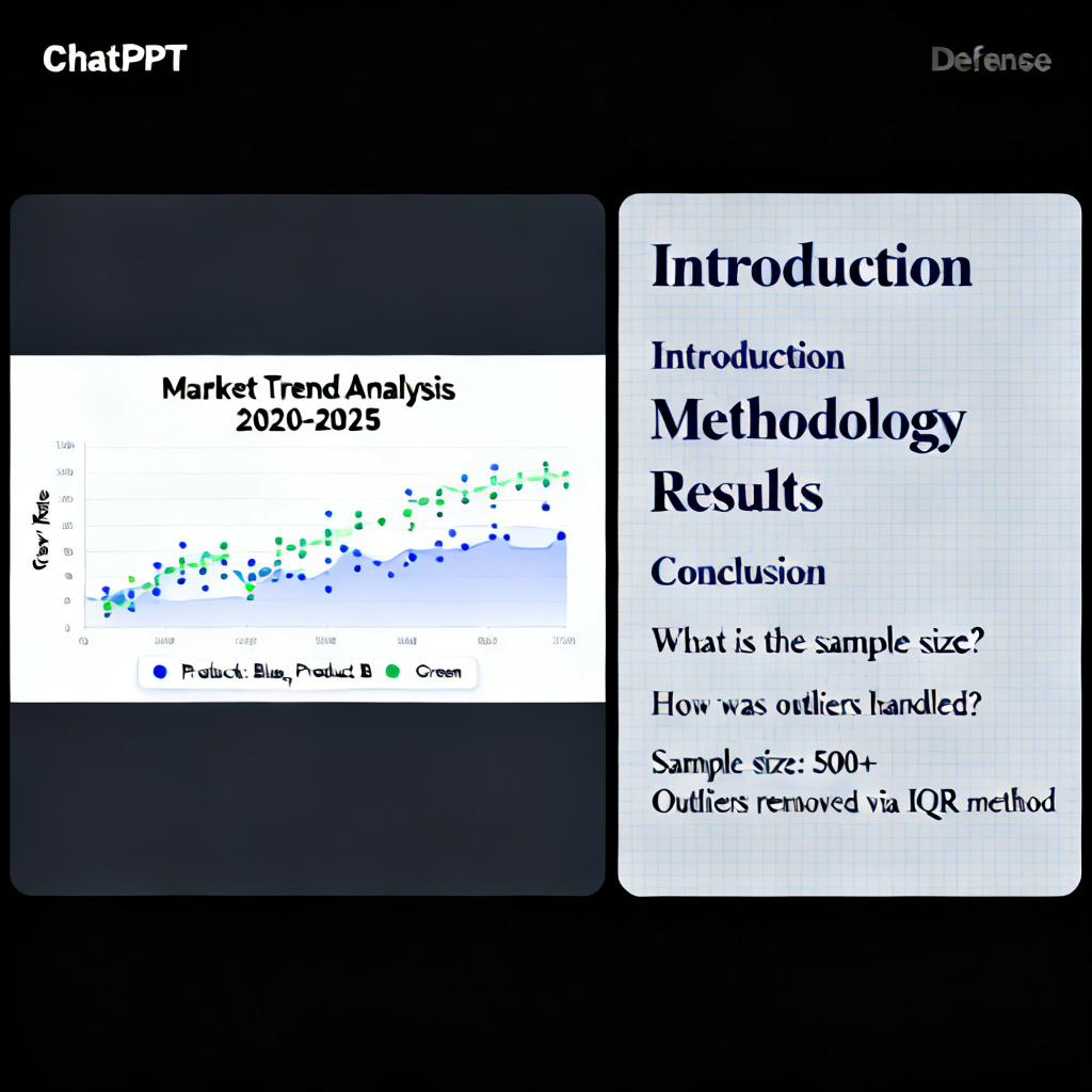 A split screen showing on the left a ChatPPT-generated slide with a complex data chart, and on the right the generated defense script and potential questions with answers, organized and clear, academic style
