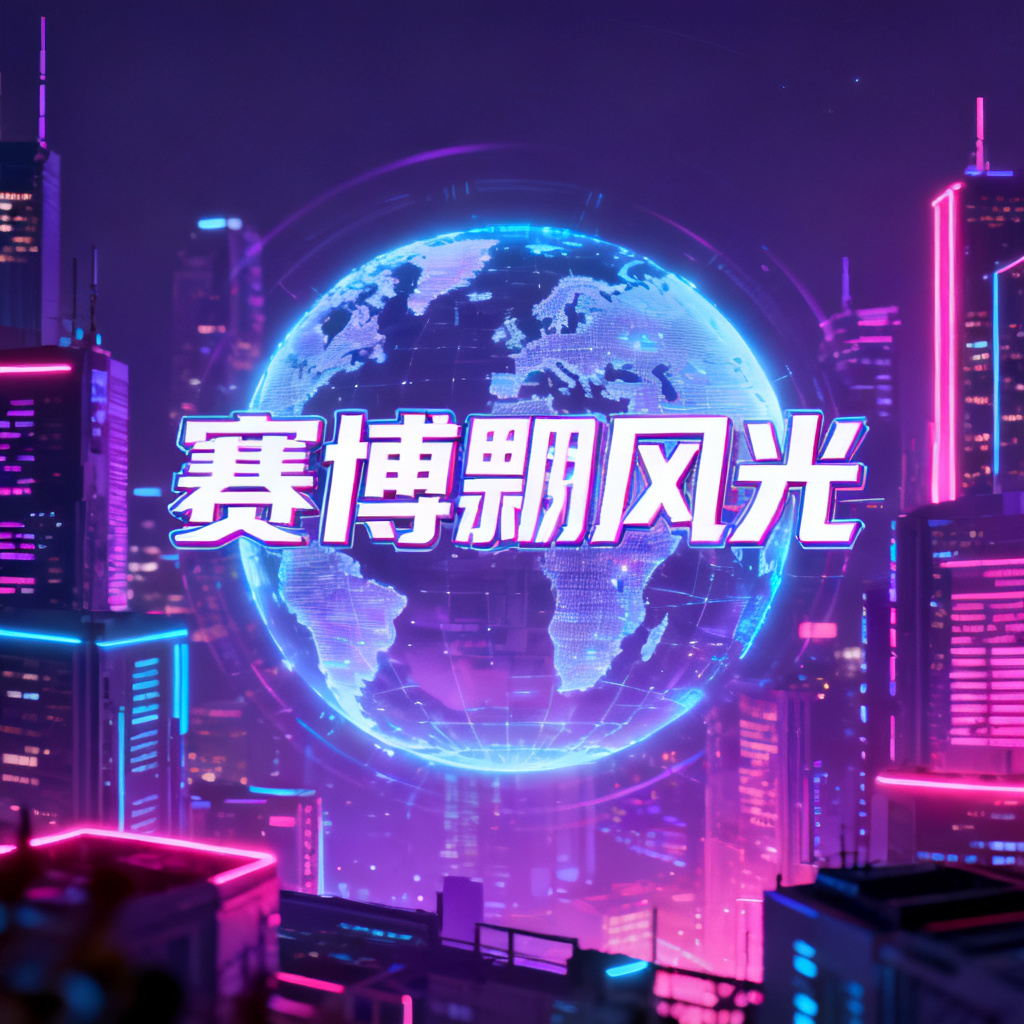 一张赛博朋克风格的PPT页面,背景是霓虹灯色的城市夜景,中心有一个发光的全息地球,文字使用未来主义字体,整体色调为紫色、蓝色与粉色。