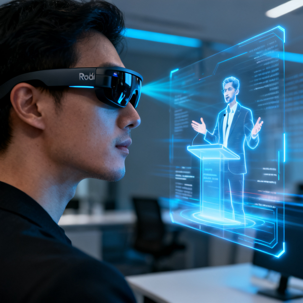 A person wearing sleek smart glasses (like Rokid) in a modern office, looking at a transparent holographic display showing a virtual presenter delivering a speech with dynamic gestures. The background is blurred with subtle data streams. Style: futuristic, cyberpunk, high contrast.