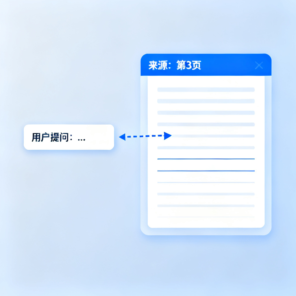 一个AI交互界面，用户提问后，系统在PPT上高亮显示答案来源页，箭头指向具体内容，风格简洁专业