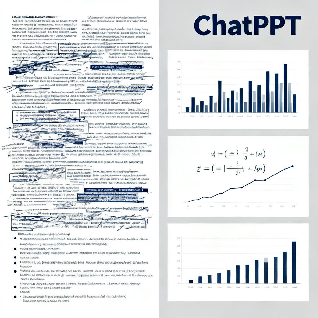 A side-by-side comparison of two presentation slides: left side shows cluttered, messy text; right side shows clean, structured slides with charts and formulas, labeled 'ChatPPT', in a professional tone.