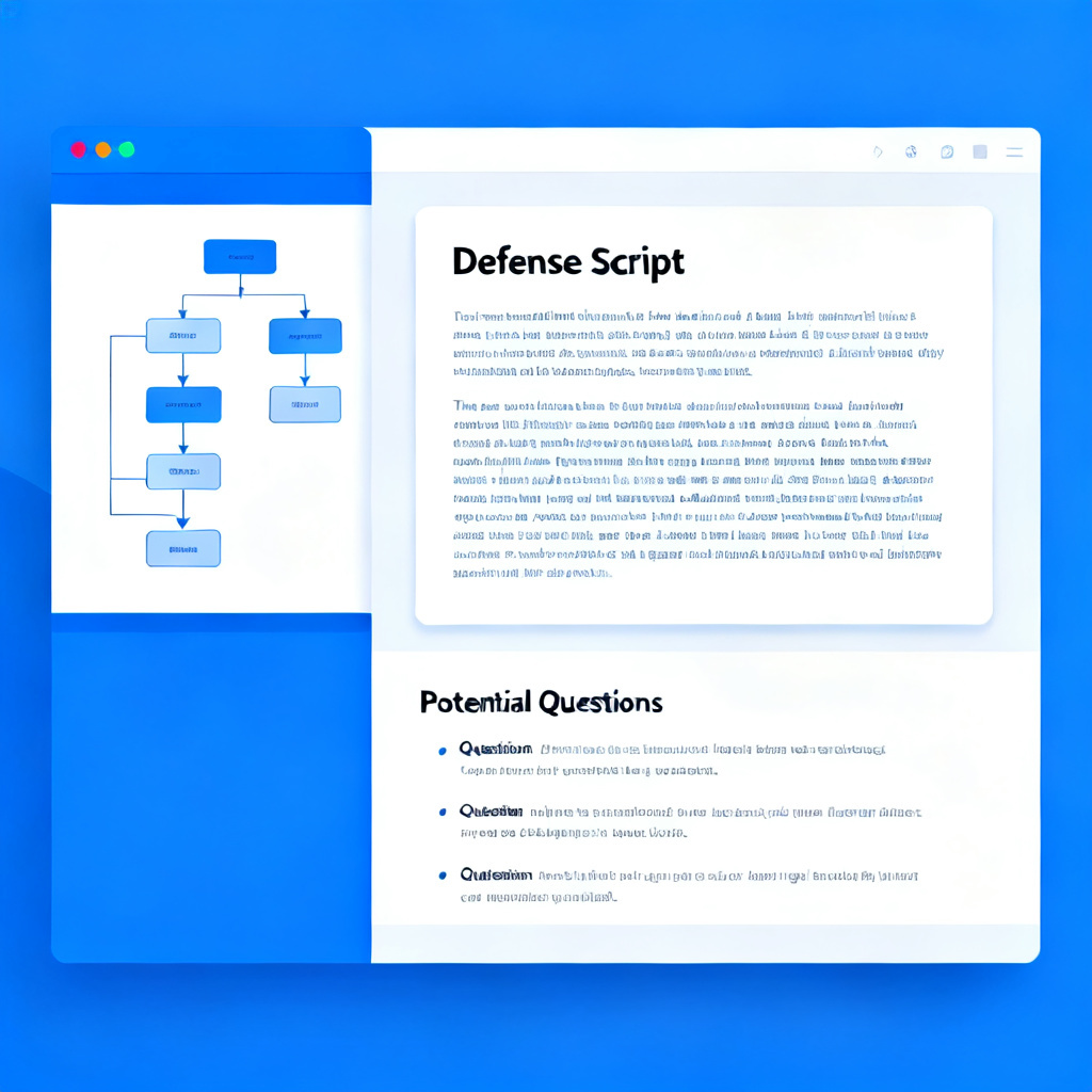 A screenshot-style illustration of a software interface showing a generated script for a presentation slide. On the left side of the interface is a slide showing a flowchart, and on the right side is a text panel with the title "Defense Script" containing several paragraphs of formal academic text. Below the script panel, a separate section labeled "Potential Questions" lists three questions with their corresponding answers. The interface has a clean, modern design with a blue and white color scheme. Style: UI mockup, flat design, high fidelity.