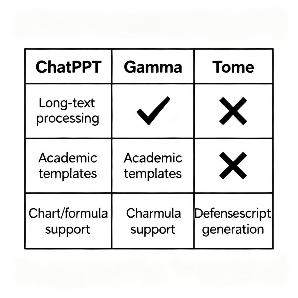 A comparison table with three columns: "ChatPPT," "Gamma," and "Tome." Rows include "Long-text processing," "Academic templates," "Chart/formula support," and "Defense script generation." ChatPPT has checkmarks in all rows, while others have crosses.