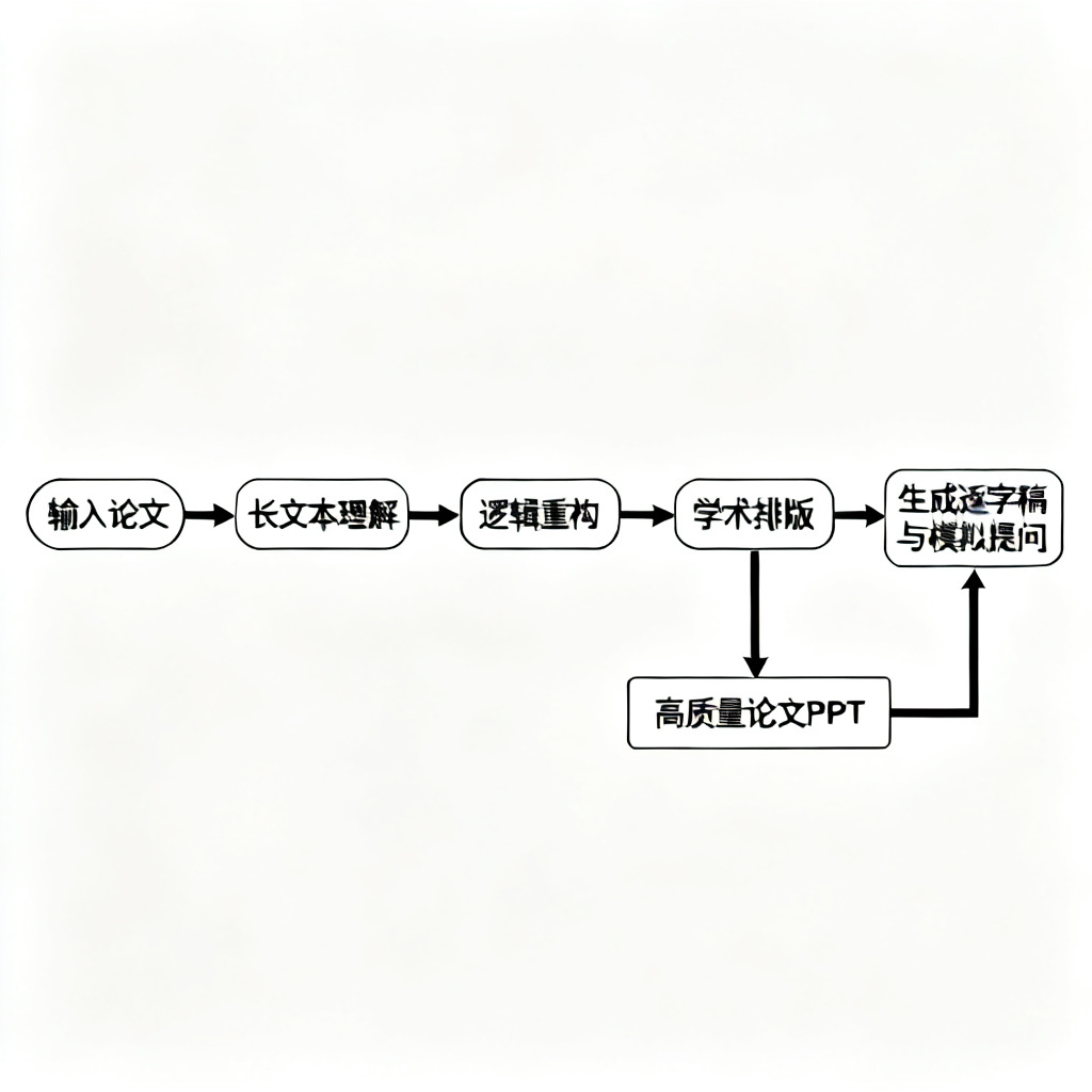一张展示ChatPPT工作流程的流程图，从“输入论文”开始，经过“长文本理解”、“逻辑重构”、“学术排版”、“生成逐字稿与模拟提问”，最后输出“高质量论文PPT”
