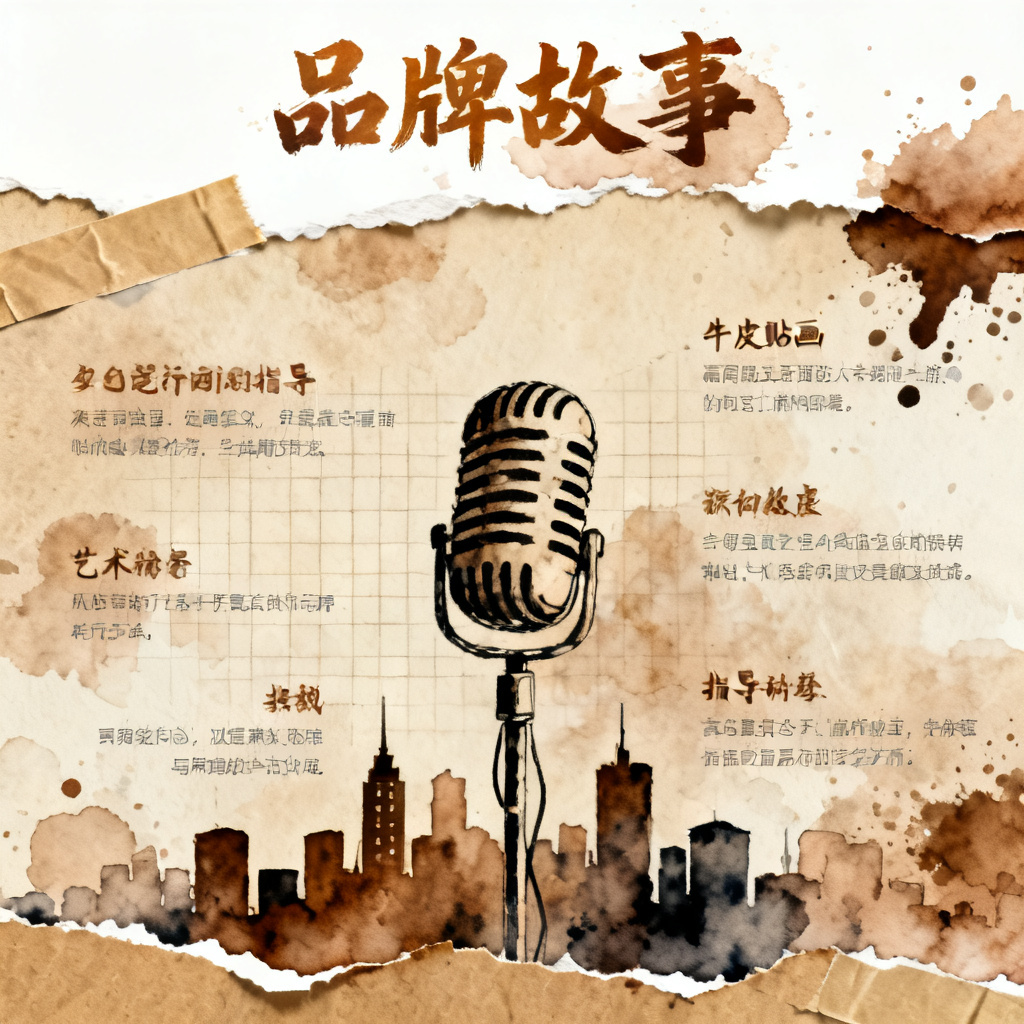 牛皮纸贴画与梦幻水彩混搭风格的品牌故事PPT页面，手撕纸胶带边缘，水彩墨迹与咖啡色复古色调融合，主视觉由手绘麦克风和城市剪影构成，文字采用自由但有网格秩序的排版，高质量艺术指导构图