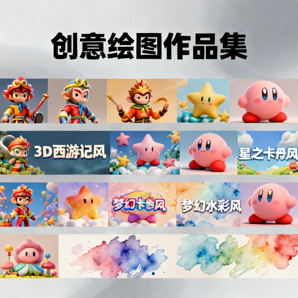 创意绘图作品集封面，包含多种风格（如3D西游记风、星之卡比风、梦幻水彩风等）的PPT页面缩略图
