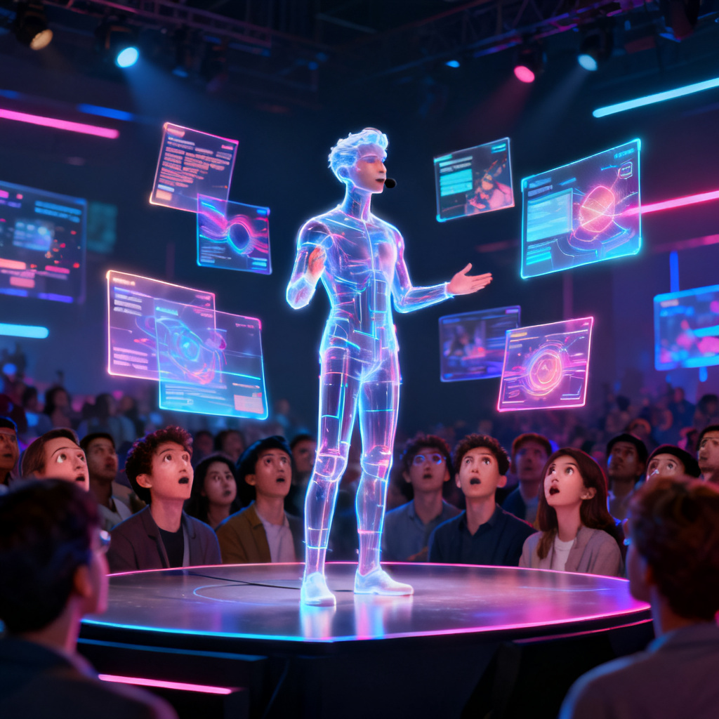 A futuristic digital human presenter with a cloned voice, standing on a stage with holographic slides, audience looking amazed, photorealistic, 8K