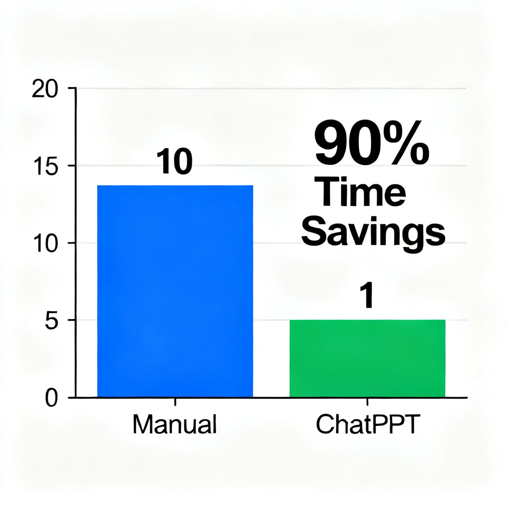 A bar chart comparing time spent on making a thesis PPT: 10 hours manually vs 1 hour with ChatPPT, highlighting 90% time savings.