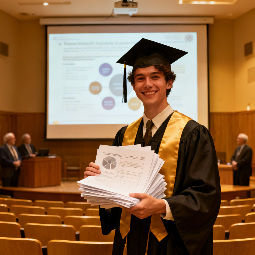 A cheerful graduate student in a cap and gown, holding a stack of printed PPT slides, standing confidently in front of a projector screen showing a well-organized academic presentation. The background shows an auditorium with a few professors. The mood is relaxed and successful.