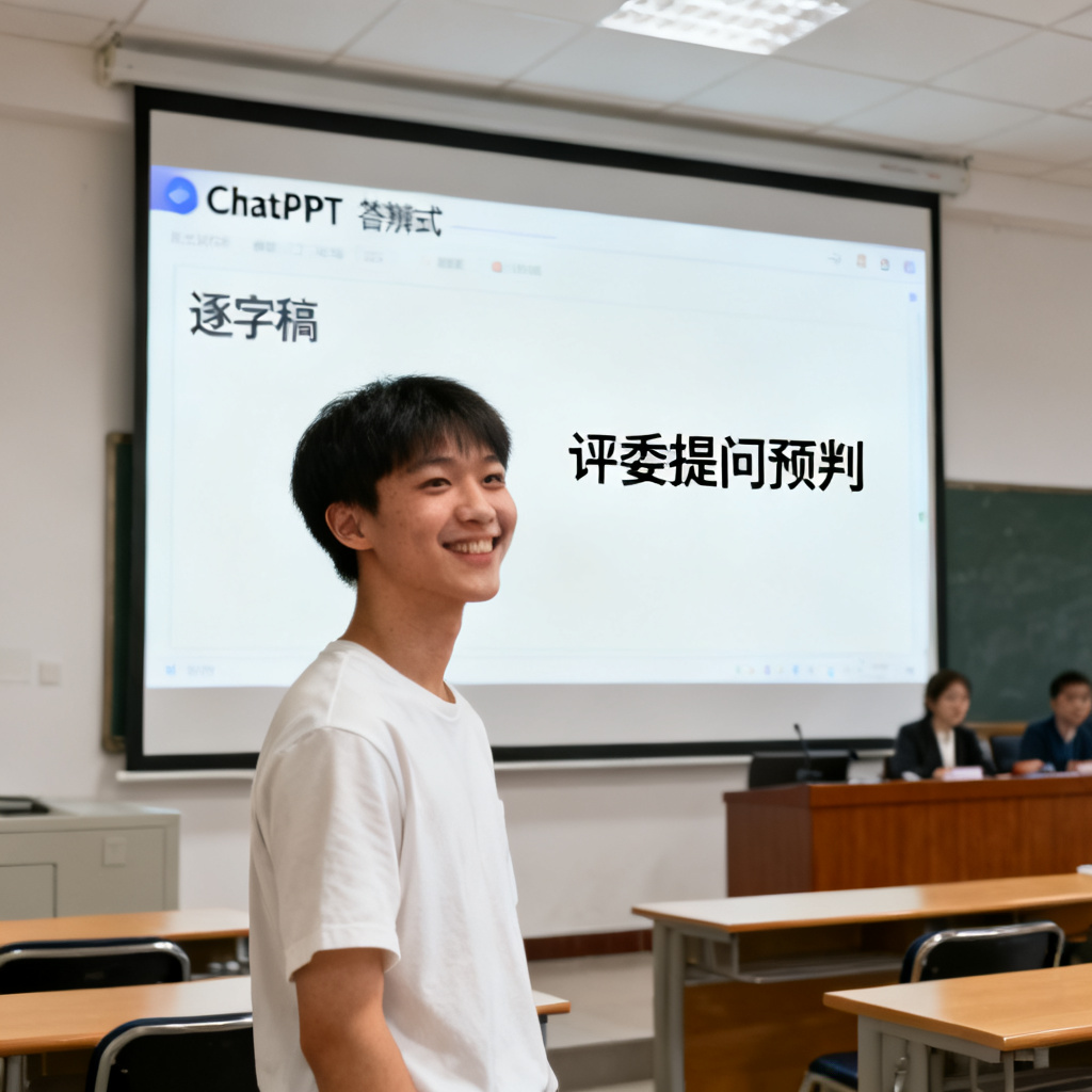 一个学生使用ChatPPT的答辩模式，屏幕显示逐字稿和评委提问预判，表情自信，背景是答辩教室