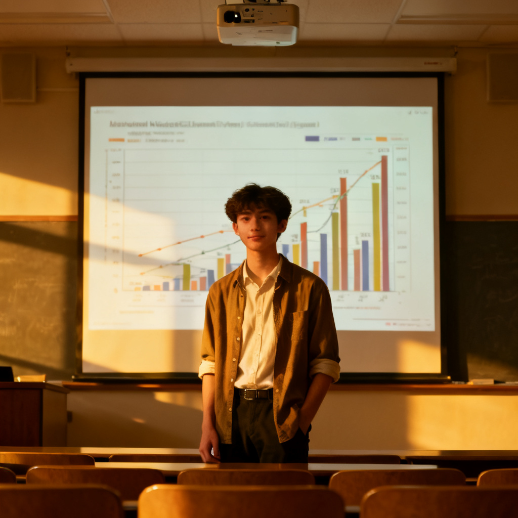 A student standing confidently in front of a projector screen in a lecture hall, with a complex data chart displayed, realistic style, warm lighting