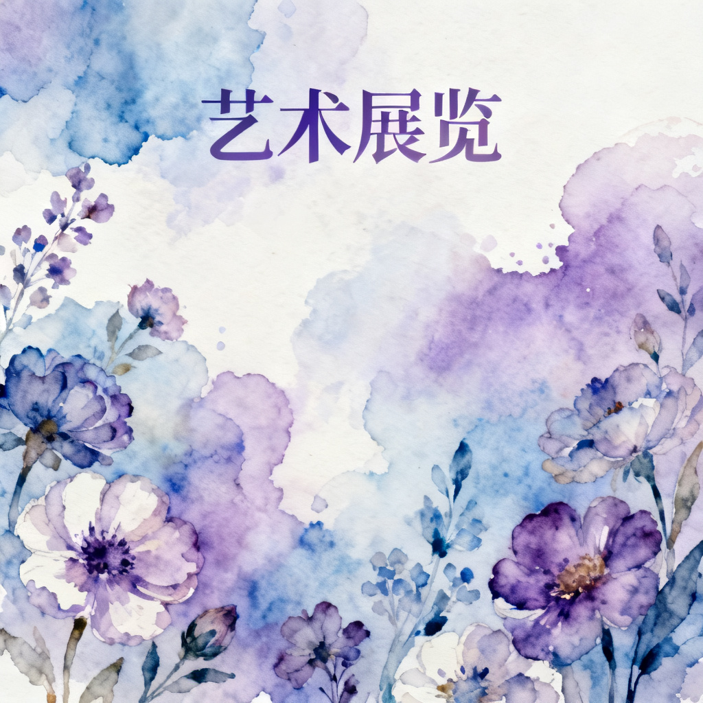 梦幻水彩风格艺术展览PPT，水彩晕染效果，柔和的蓝紫色调，手绘花卉，艺术字体