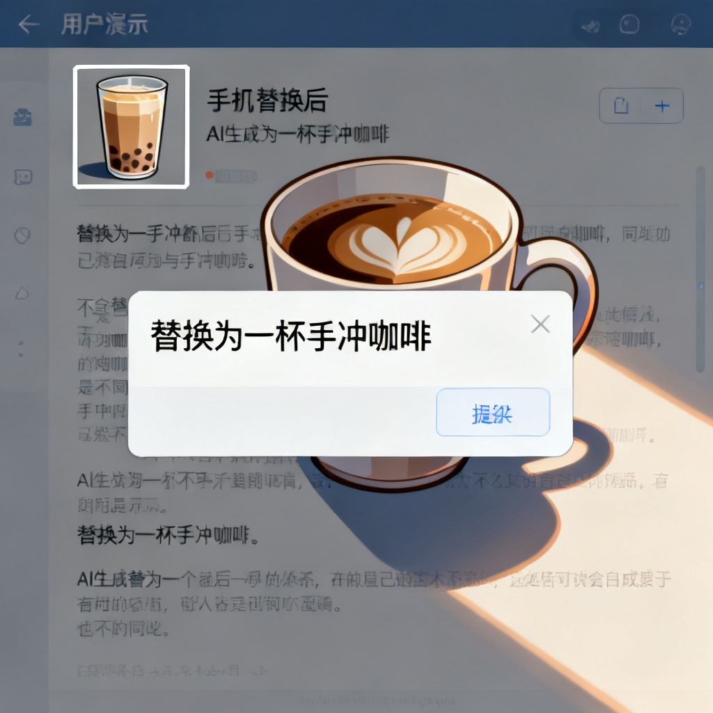 Magic涂画模式操作演示，用户框选页面中的一杯奶茶，输入指令“替换为一杯手冲咖啡”，AI自动生成替换后的页面，咖啡杯的光影与背景完美融合，文字内容保持不变