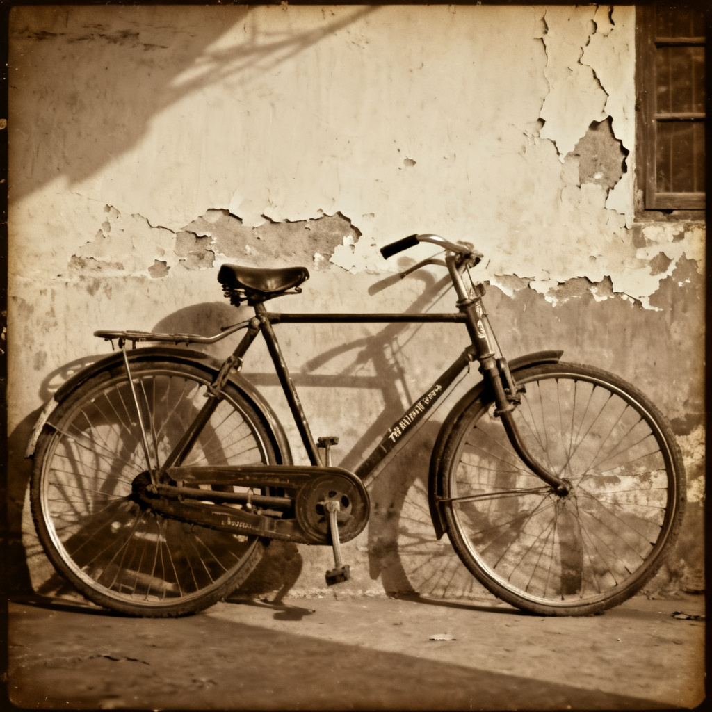 1980s Chinese county town photo studio style, vintage film photography cover, old Phoenix bicycle leaning against peeling plaster wall, grain texture, realistic shadows, independent layers visual concept