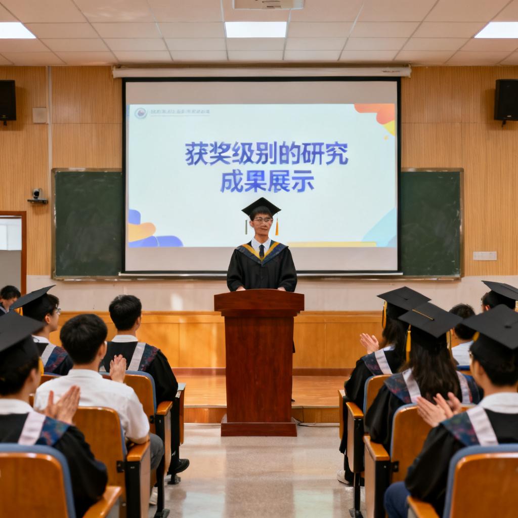 一个成功的毕业答辩场景，学生自信地站在讲台上，大屏幕显示获奖级别的研究成果展示，观众席有赞许的目光，明亮的学术报告厅，纪实摄影风格