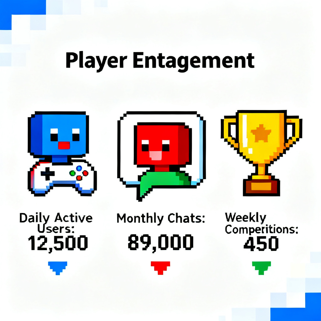 A pixel art-style infographic showing player engagement metrics, with blocky characters and retro color palette, 8-bit aesthetic, 1920x1080 resolution.