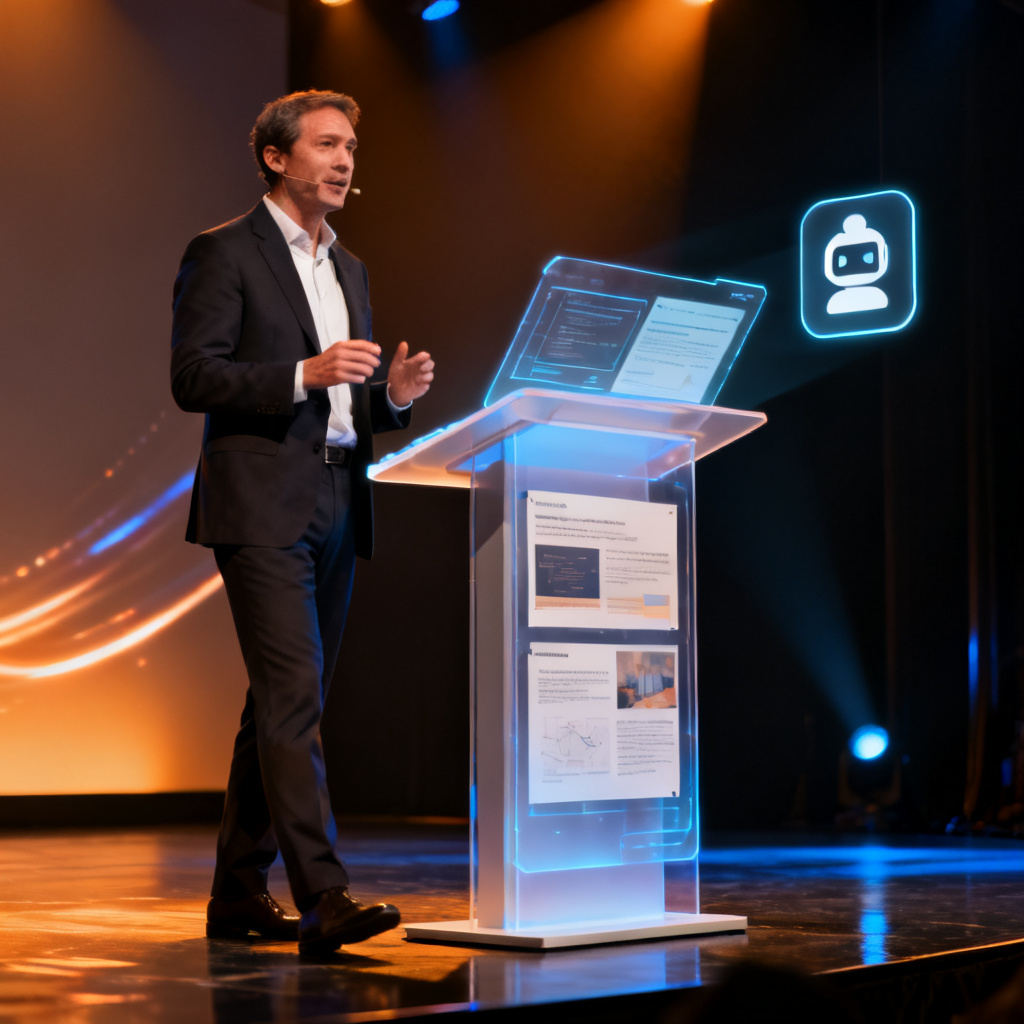 A professional presenter standing on stage with a holographic teleprompter displaying slides, with a digital assistant icon floating nearby, cinematic lighting, 4K, photorealistic