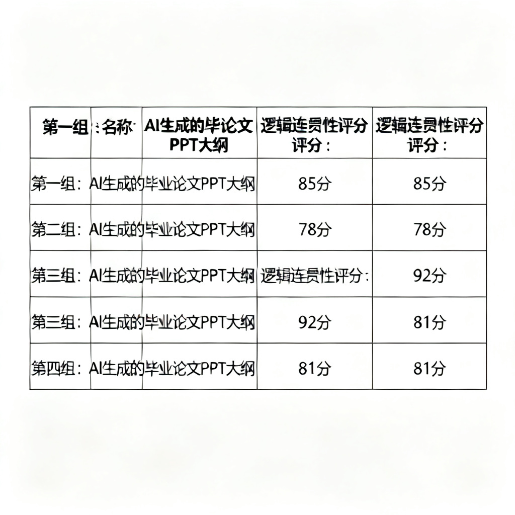 四组AI生成的毕业论文PPT大纲并列对比，标注每组逻辑连贯性评分，白色背景，数据表格风格