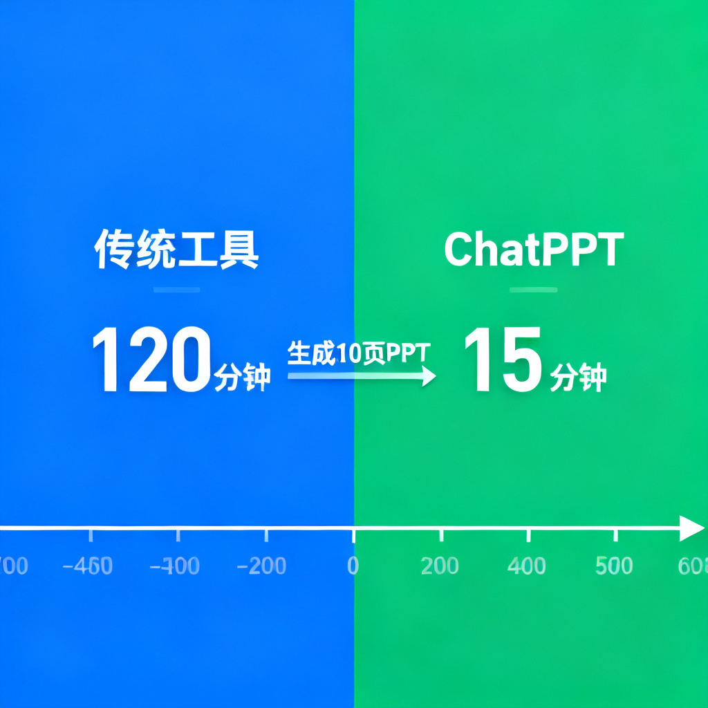 一个时间轴图表,显示传统工具和ChatPPT在生成10页PPT上的时间对比,传统工具需120分钟,ChatPPT仅需15分钟,数据可视化清晰
