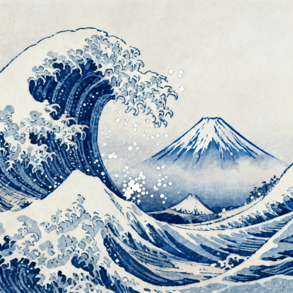 浮世绘海浪风格,葛饰北斋《神奈川冲浪里》风格,巨浪翻涌,远处富士山若隐若现,线条细腻,色彩以靛蓝与白色为主