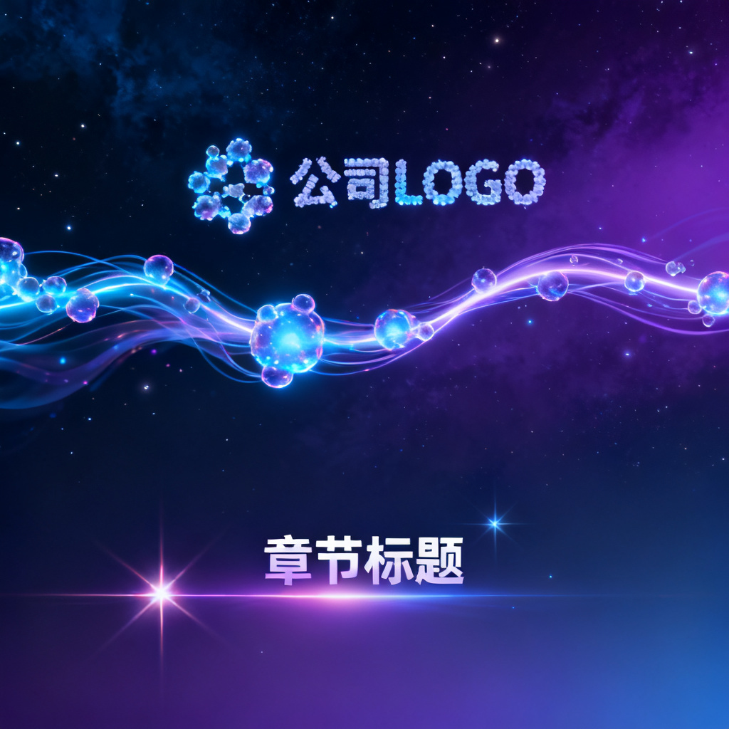 未来感PPT过渡页，深空背景上漂浮着由纳米粒子组成的公司LOGo，动态光效连接各个章节标题
