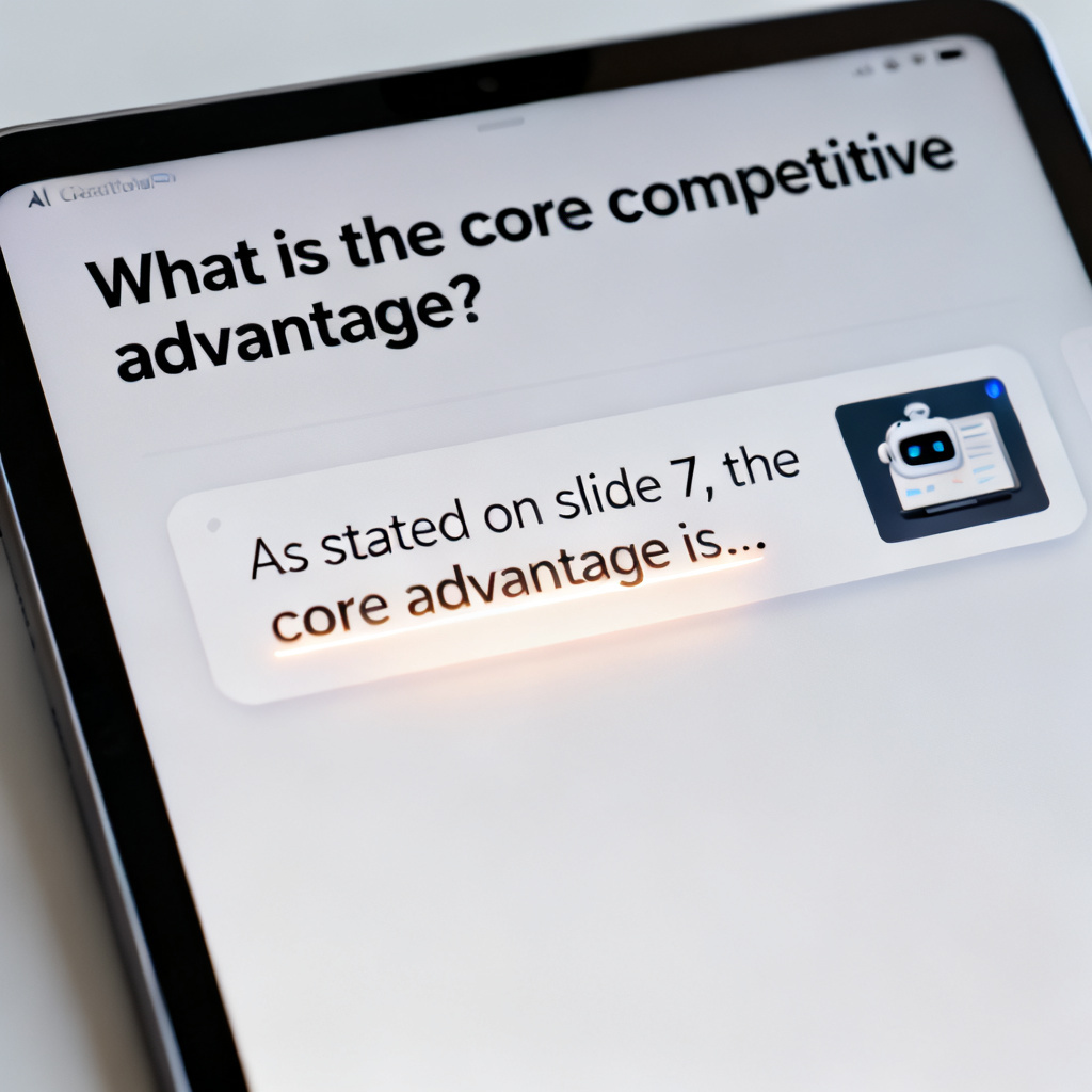 A close-up of a tablet screen showing an AI chatbot interface. A user question is displayed: 'What is the core competitive advantage?' Below, the AI answer is shown with a highlighted citation: 'As stated on slide 7, the core advantage is...' with a small thumbnail of slide 7. Style: clean, professional, with a subtle glow effect on the citation.